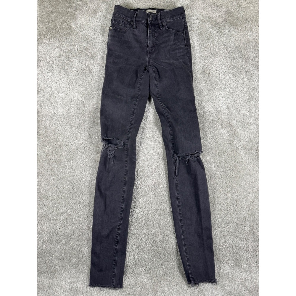 Madewell 9 High-Rise Skinny Jeans Black Distressed Knee Raw Hem 24 Tall F6174